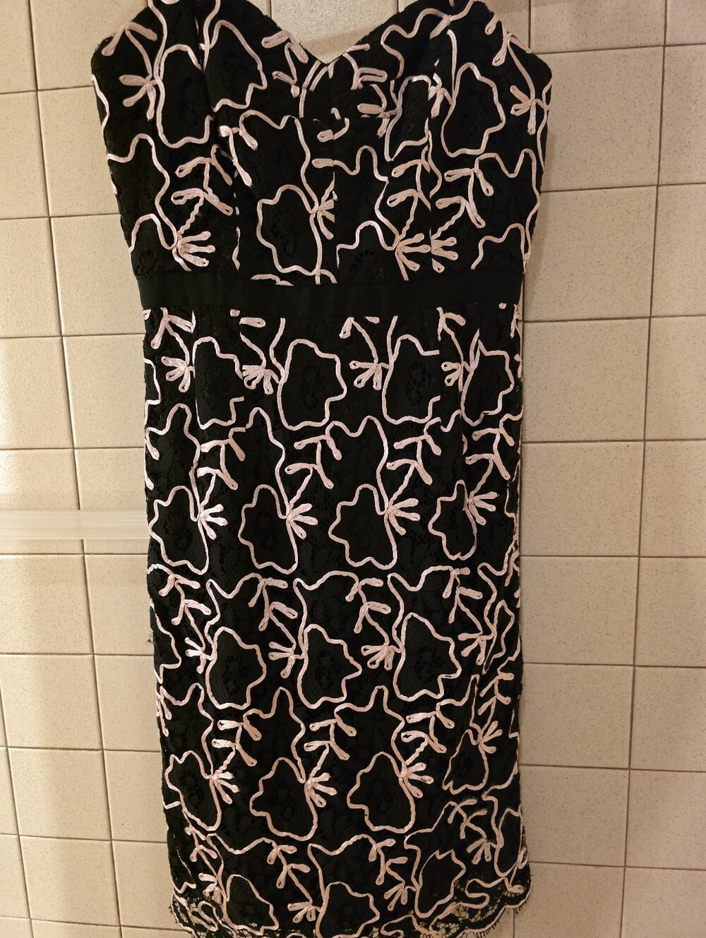 Milly Of New York Black Sheath  Dress with Pink Floral Embroidery